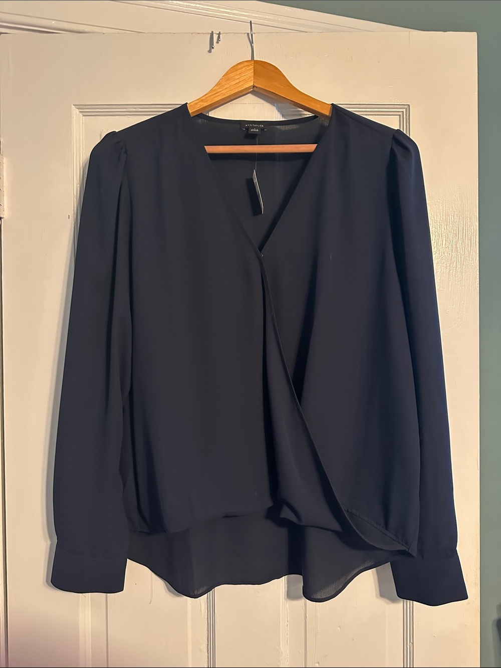 Ann Taylor Women's Navy Wrap-Front Long Sleeve Blouse